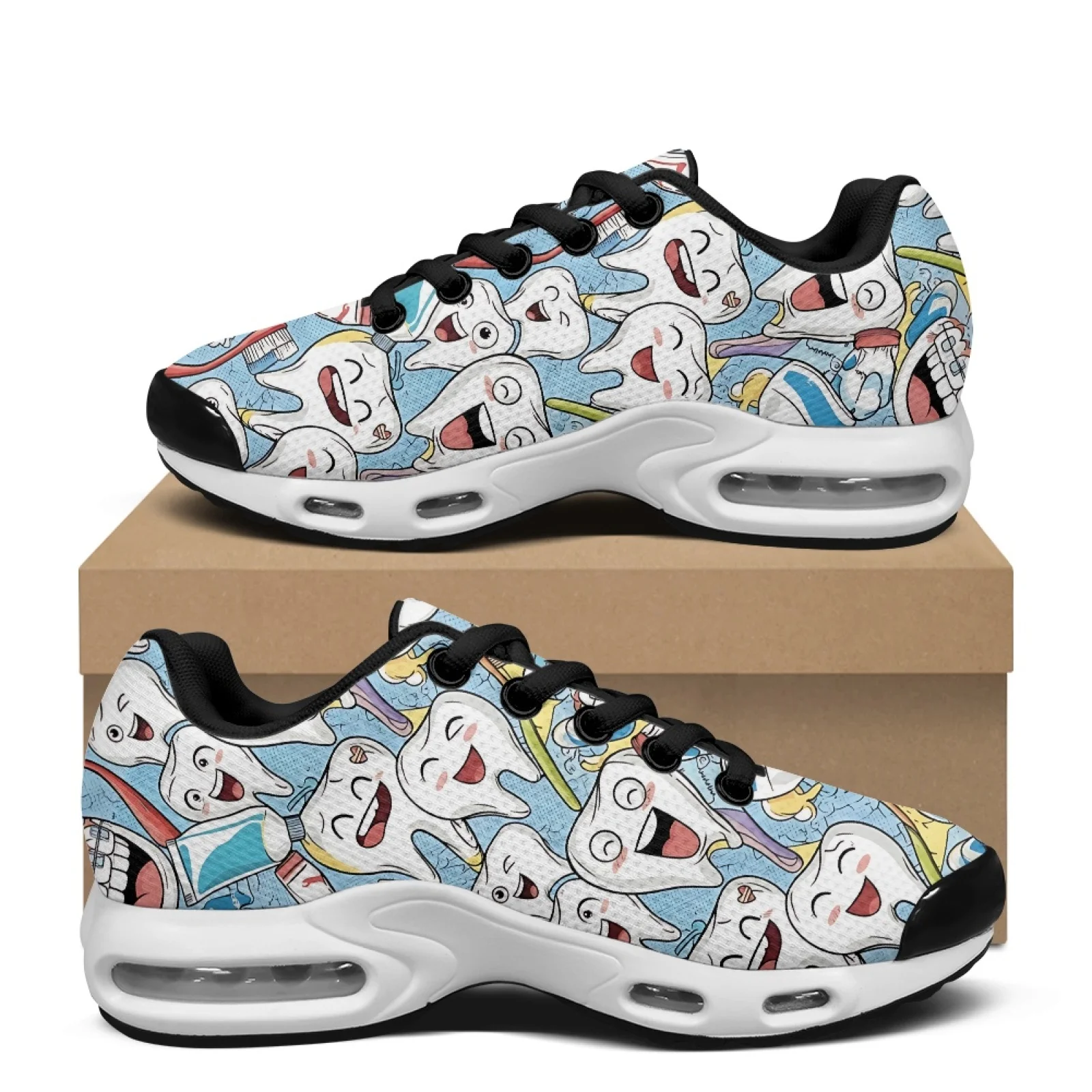 PENSTROLL Happy Cartoon Teeth Print Mens Air Cushion Running Shoes, Mesh Lace up Sneakers for Gym Training and Daily Sports