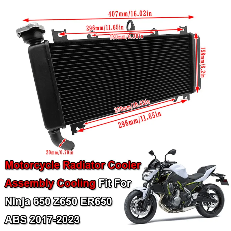 Motorcycle Aluminum Engine Radiator Coolant Cooler Cooling Fit For KAWASAKI Z650 Ninja650 ER650 ABS 2017‑2023 Water Tank System