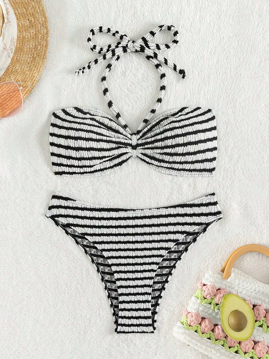 Sexy Bikini 2025 Striped Print Swimsuit Women Swimwear Female Bandeau Halter Bikinis Sets 2024 Two-piece Bathing Suit Beach Wear