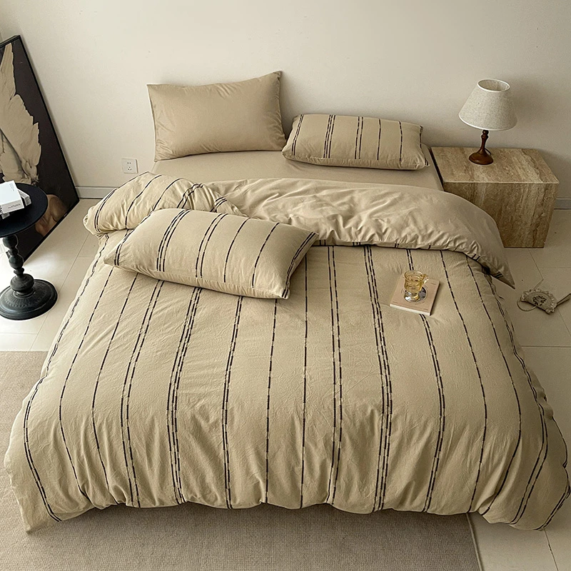 4Pcs Soft Pure Cotton Yarn dyed Stripe Coffee Comfortable Bedding Set Twin Double Duvet Coves Set Bed Fitted Sheet Pillowcases