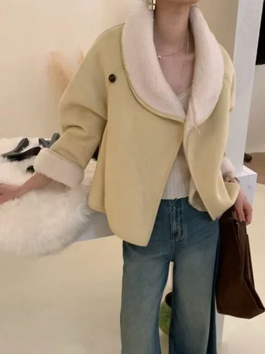 معطف فروي نسائي أنيق بتصميم كلاسيكي دافئ من الجلد والفرو وياقة كورية من ألياف البوليستر ملابس خارجية شتوية