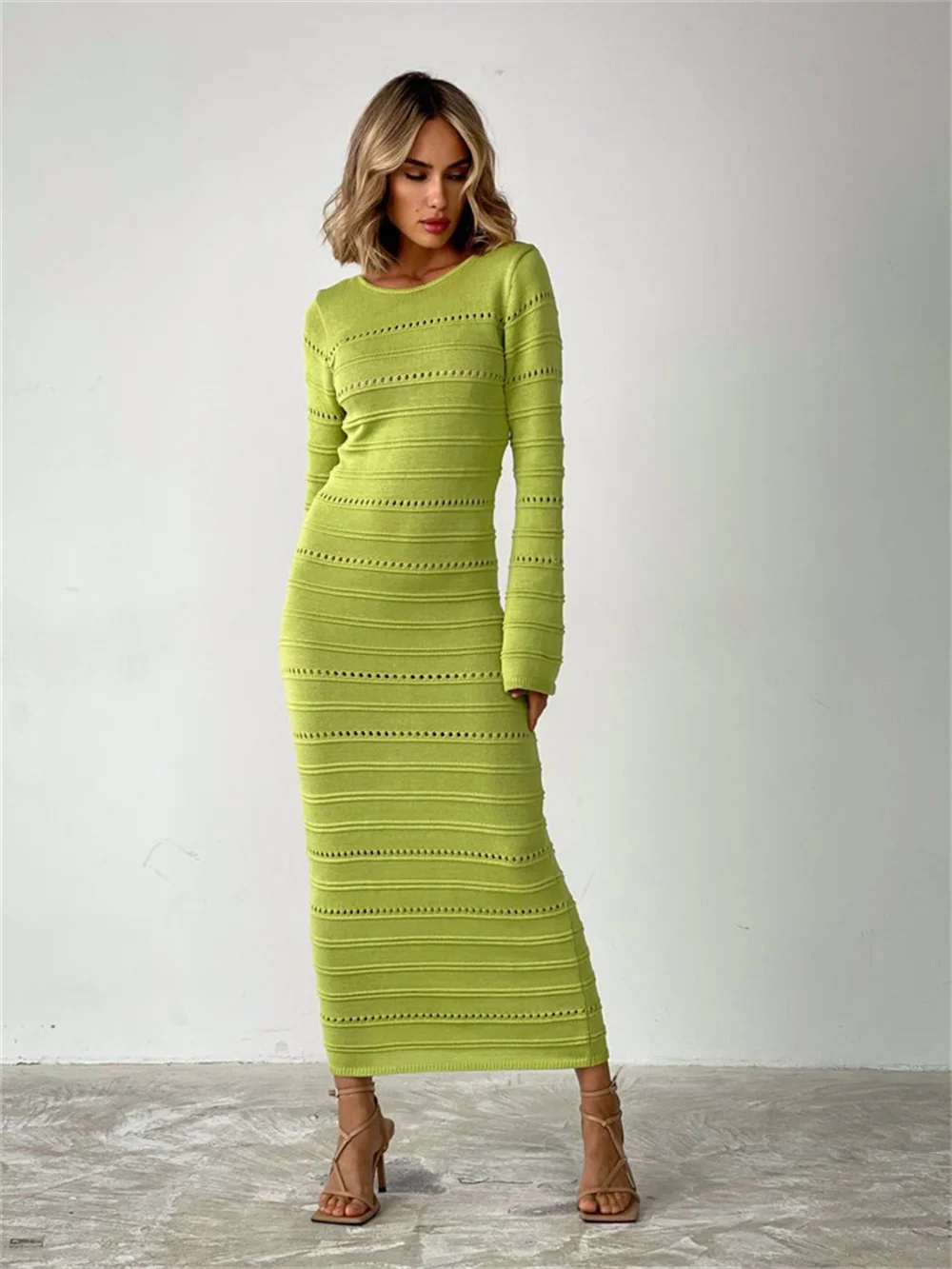 Women Knitted Hollow Out Midi Dress Autumn 2023 New Solid Long Flare Sleeve O-neck Slim Fit Dresses Female Elegant Commute Robe