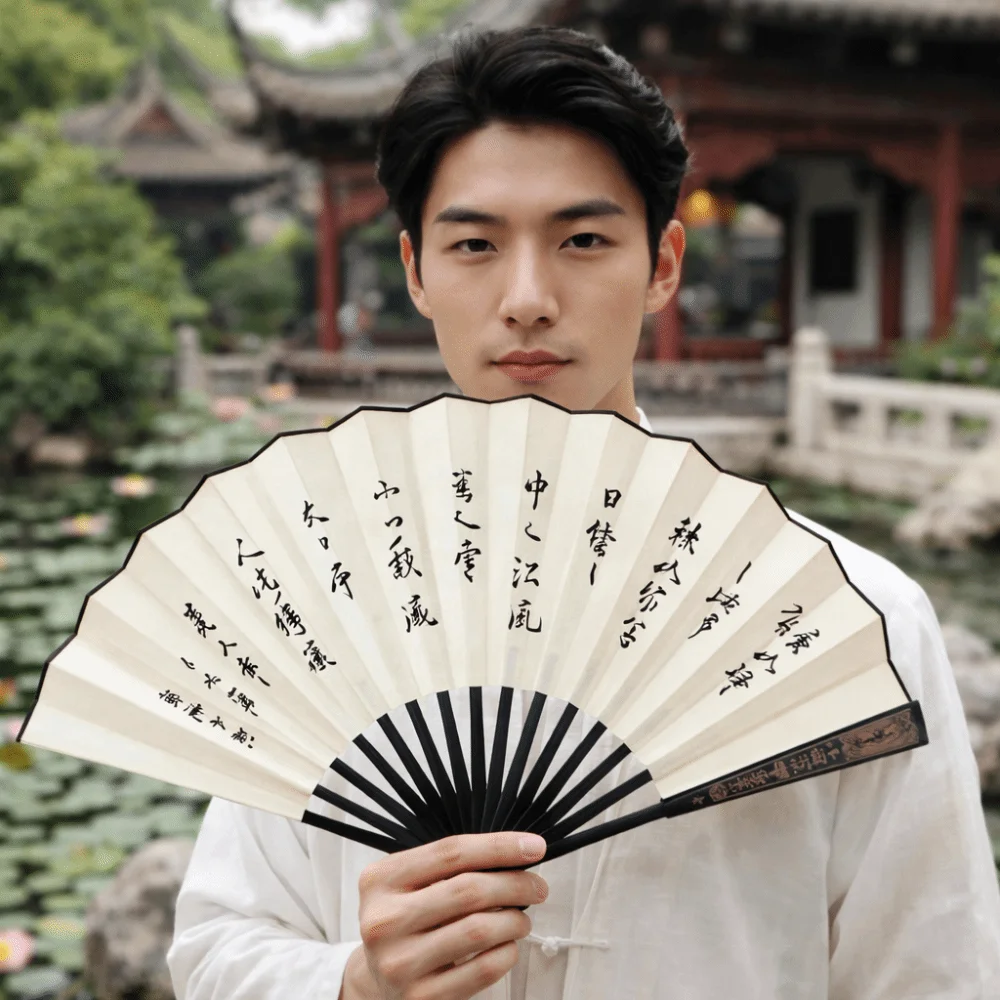 Laser Carved Handle Chinese Traditional Folding Fan Large Size Hand Held Man Silk Fan Classical Ancient Painting Hand Fan Gift