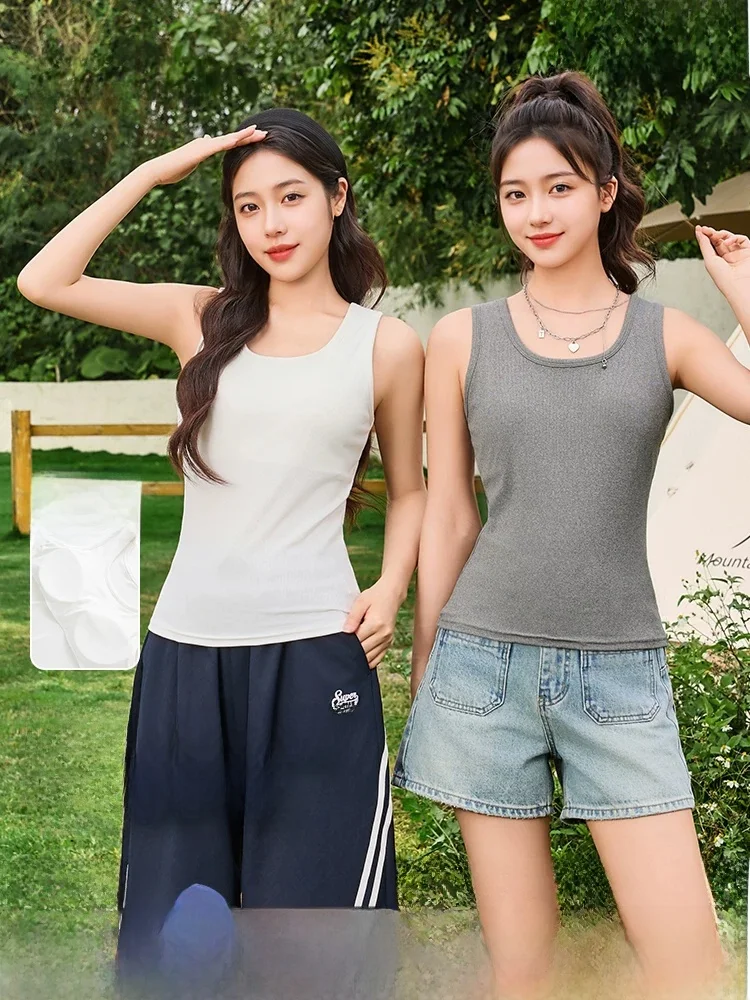 

Модный облегающий жилет с подкладкой на груди и широкими бретелями, летняя повседневная женская верхняя одежда, топ без рукавов.