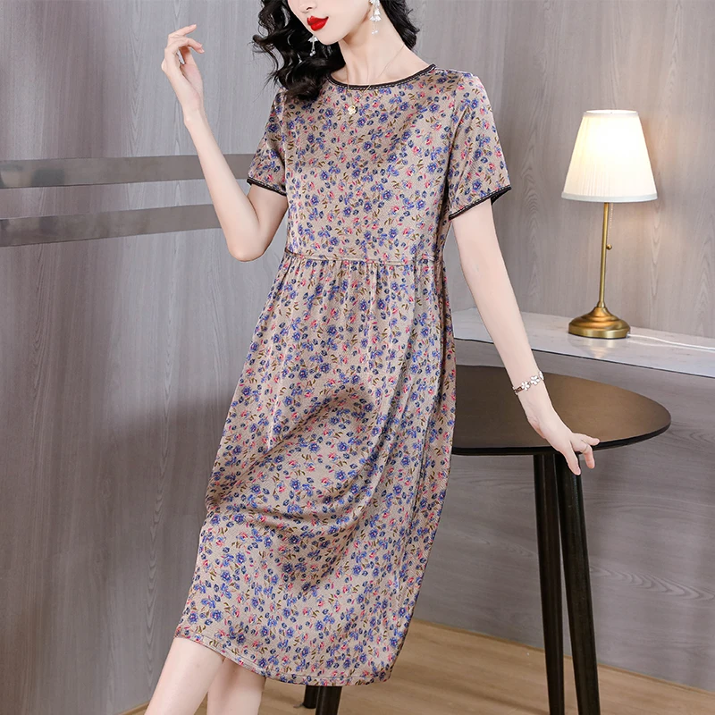 

2023 New Vintage Round Neck Silk Printed Dress Women's Summer Versatile Silk Short Sleeve Loose Fit Casual Holiday Dress Vestido