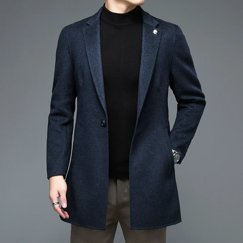 

Quiet Luxury Men Elegant Wool Overcoat Blue Black Notched Collar Design Woolen Blend Coat Old Money Style Garment Autumn Winter