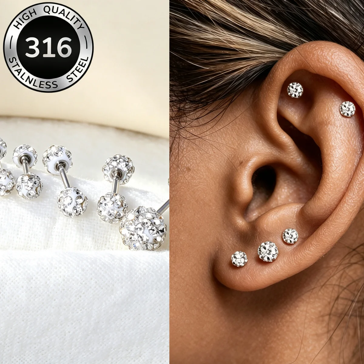 Stainless Steel Sparkling Shiny Crystal Round Ball Stud Earrings 3-4-6MM 3pairs/Sale Sexy Style Ears Bone Tongue Party Jewelry