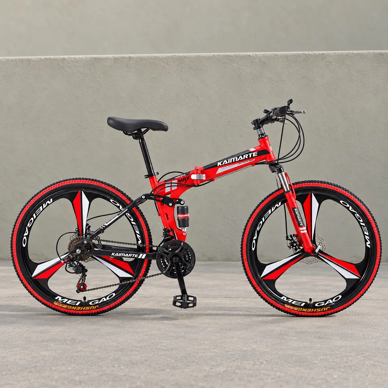 24 Inch 21 Speed Red 3-Spoke Wheel Folding Mountain Bike Dual Shock Absorption Disc Brake City Comfortable Student Bicycle