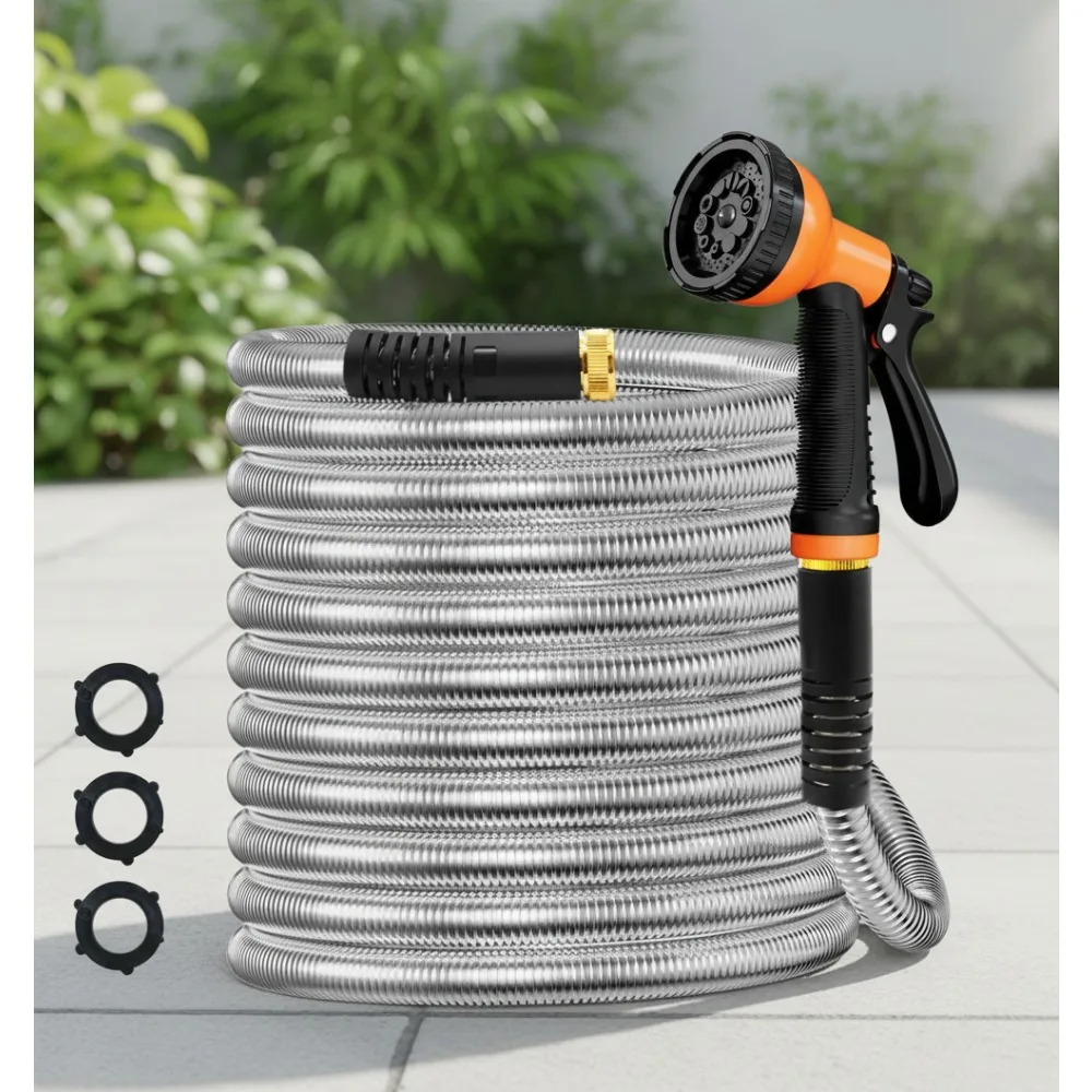 

100FT Stainless Steel Garden Hose with 10-Function Nozzle, Flexible Tangle-Free Heavy-Duty Water Hose for Yard Lawn