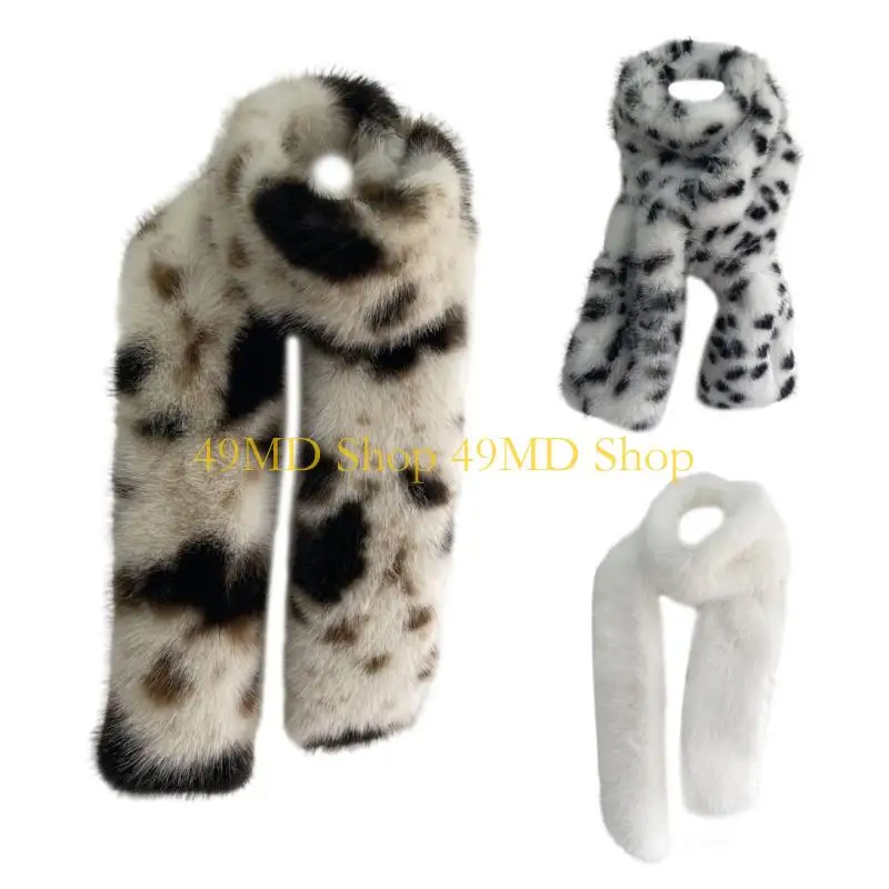 49MD Stylish Leopard Print Plush Scarf Skin Friendly Winter Neck Accessory For Lady Women Cold Weather Fashion Muffler