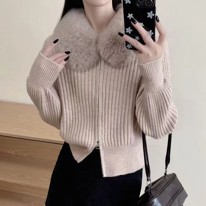 

Модный вязаный кардиган с меховым воротником, женский осенне-зимний кардиган с двойной молнией, свитер, корейский однотонный трикотаж, пальто