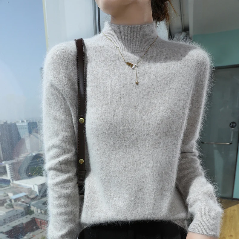 Solid color autumn winter new women's 100% mink cashmere sweater half turtleneck pullover fashion knit warm base shirt top