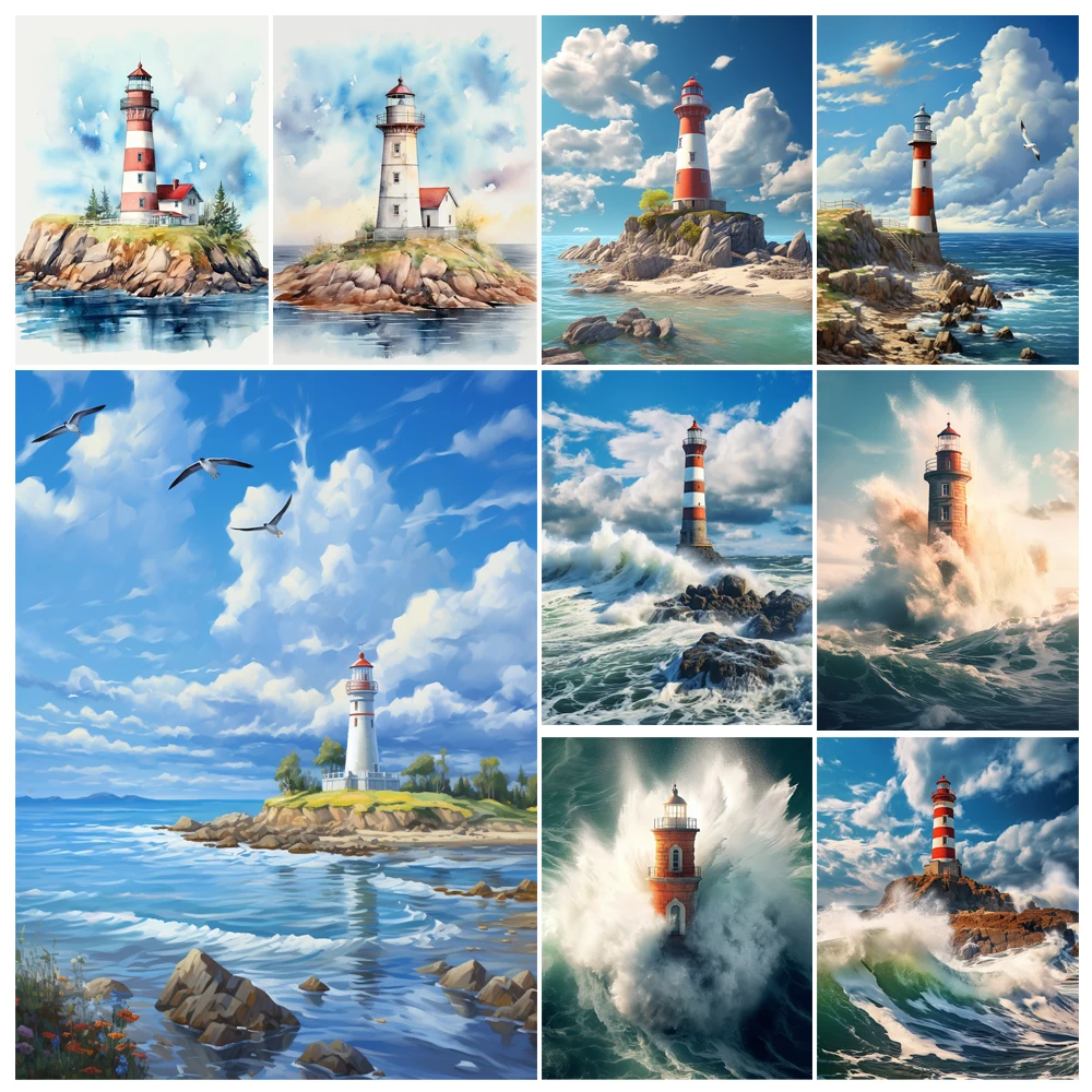 Painting By Numbers Hand Lighthouse By The Sea Adult Acrylic Kit Seascape DIY Acrylic Paint Canva Artwork Gift Home Decorate