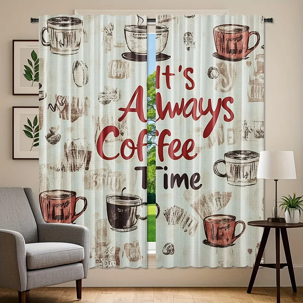 Retro Sketch Coffee Cup Curtain 2 Panels, Warm Coffee Slogan Allover Light Beige Linen Print, Curtains Coffee Shop Farm Curtain
