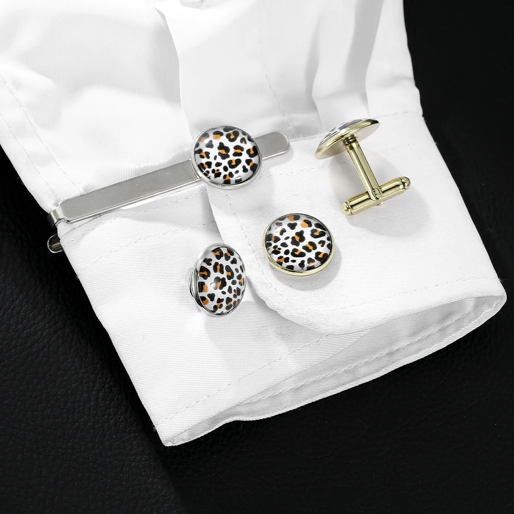 مضحك رجل ليوبارد طباعة نمط جولة أزرار أكمام وربطة عنق كليب مجموعة الزجاج كابوشون صورة فنية كم زر