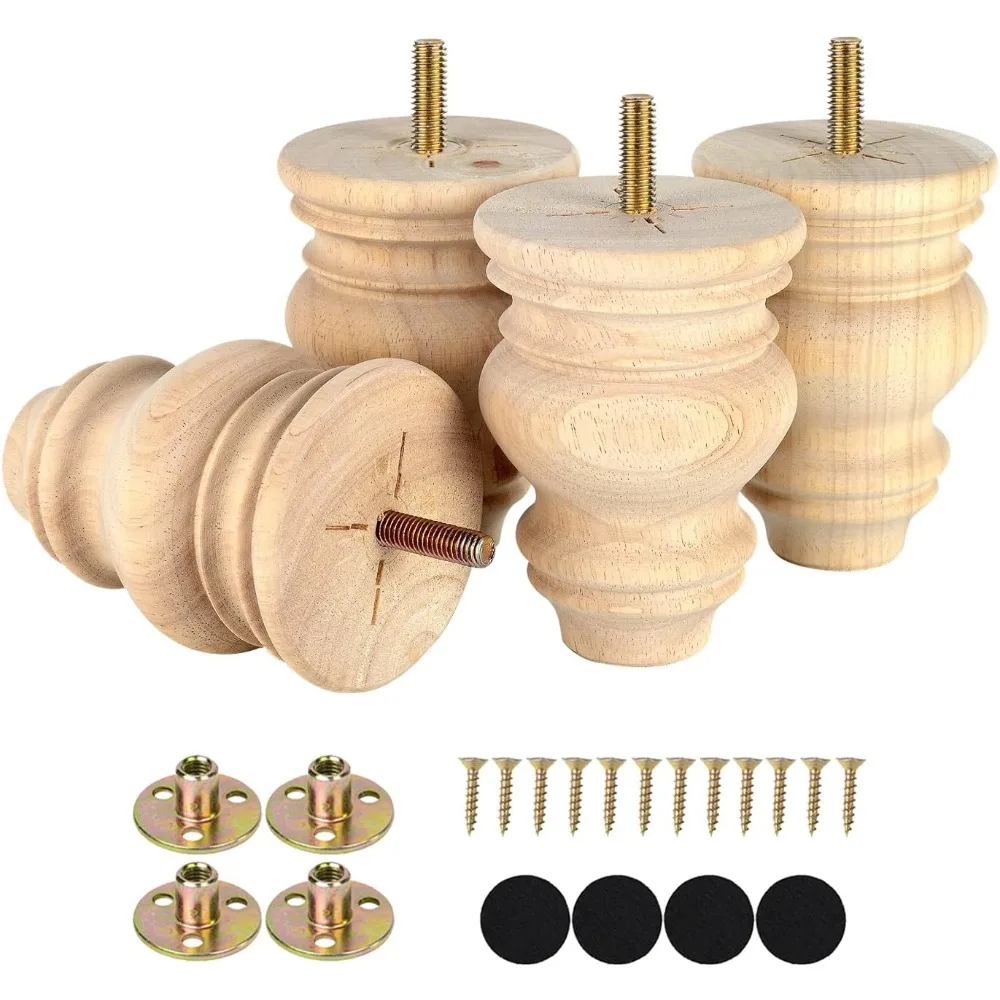 

4 Inch Unfinished Bun Feet for Couch Sofa Cabinet Ottoman DIY Replacement Wood Furniture Legs Set of 4 M8 Bolt Screw in