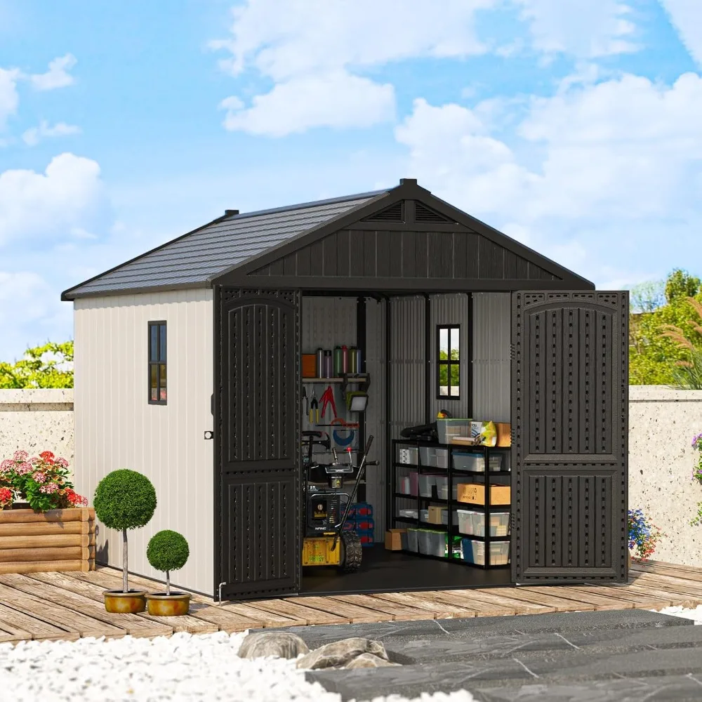 8 x 10 FT Resin Outdoor Storage Shed with Floor, Plastic Shed with Window and Lockable Door for Garden, Backyard