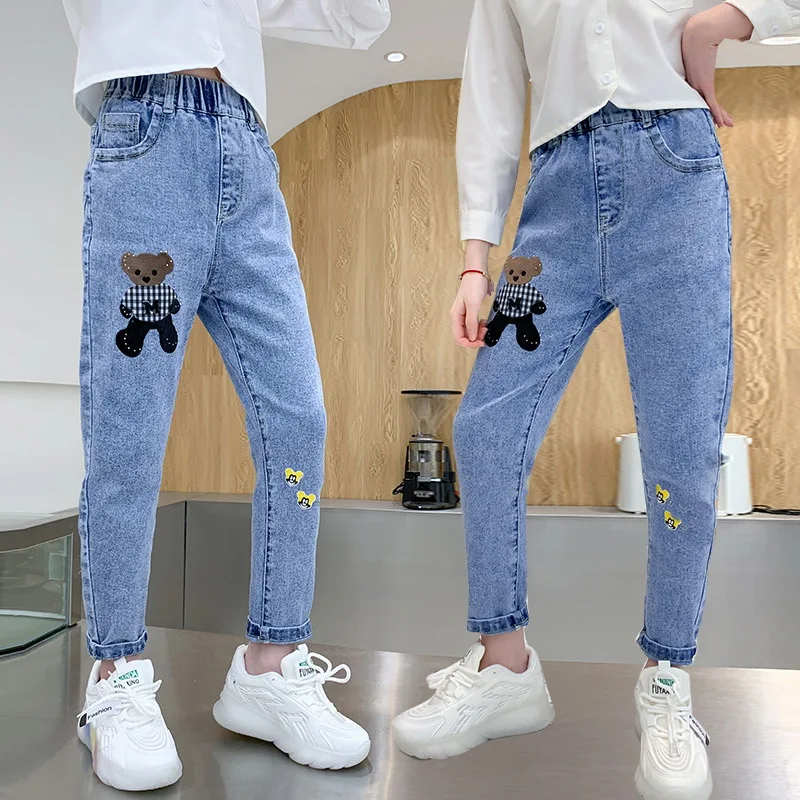 Cartoon Bear Girls Jeans Spring Autumn Children\'s Wear Girls\' Denim Trousers Teenage Kids Casual Loose Pants 2 4 6 8 10 12 Years