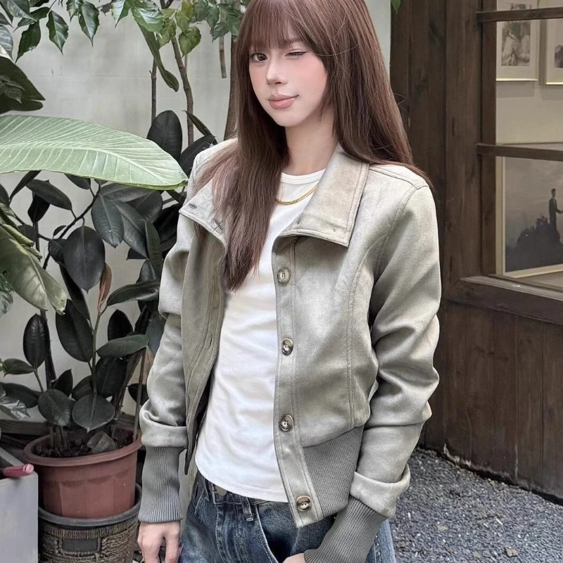 الأمريكية خمر شارع العليا أبلى عارضة طويلة الأكمام ضئيلة زر لون نقي مخطط الأزياء عالية الرقبة معطف امرأة 2025 الخريف