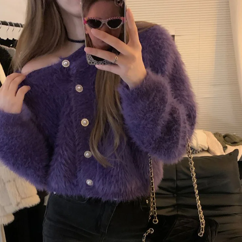 Rimocy Fluffy Mohair Cardigan for Women Korean Style Round Neck Fuzzy Sweater Woman Autumn Winter Button Up Warm Jersey Female