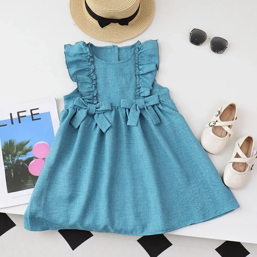 Summer Round Neck Black Fungus Edge Dresses Girls Blue Bow Fly Sleeves Pleated Princess Dress Birthday Party Children's Clothing