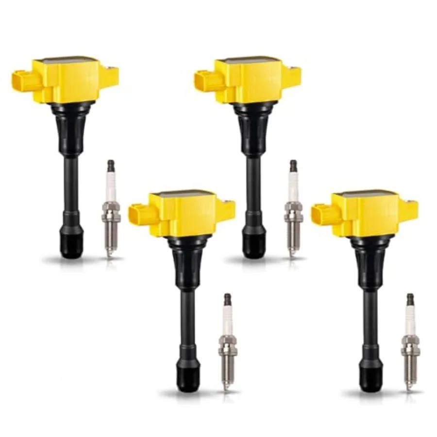 

Set of 4 Yellow Ignition Coil Pack with Double Iridium Spark Plug for Enhanced Performance and Reliable Ignition in Nissan Mode
