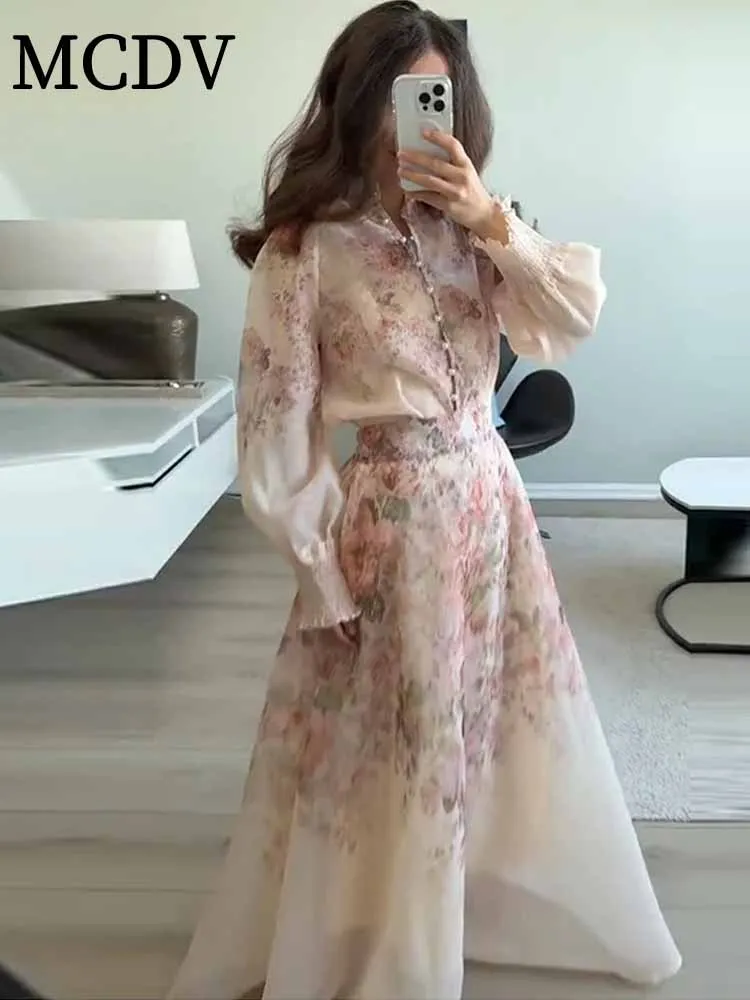 

MCDV Элегантный костюм с цветочным принтом, женская повседневная рубашка с длинными рукавами и жемчужными пуговицами, плиссированные длинные юбки трапециевидной формы, женские праздничные наряды