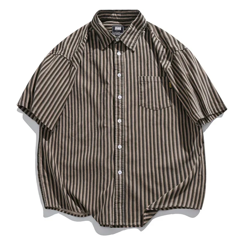 

HELLOMARCEL Top Quality Luxury Street Wear EU US Size Oversize Retro Corduroy Stripe Work Shirt with Short Sleeves for Men Women