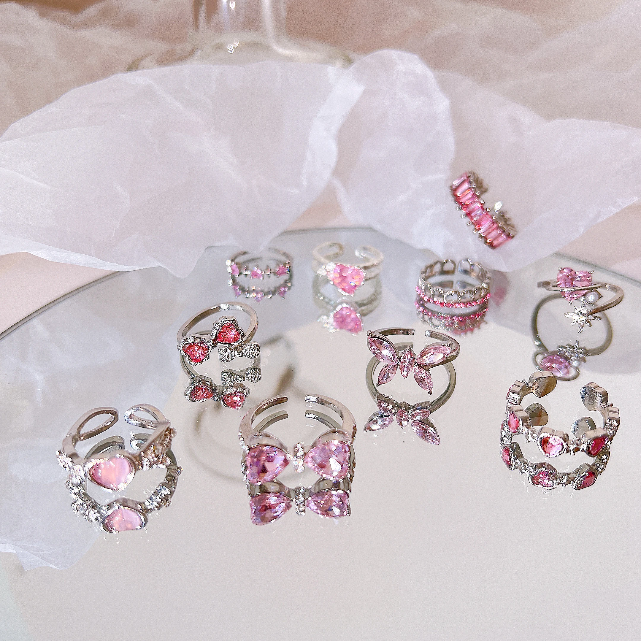 17KM Y2K Pink Crystal Rings for Women Girls Romantic Heart Bowknot Ring Girlish Butterfly Finger Ring  New Fashion Jewelry Gifts