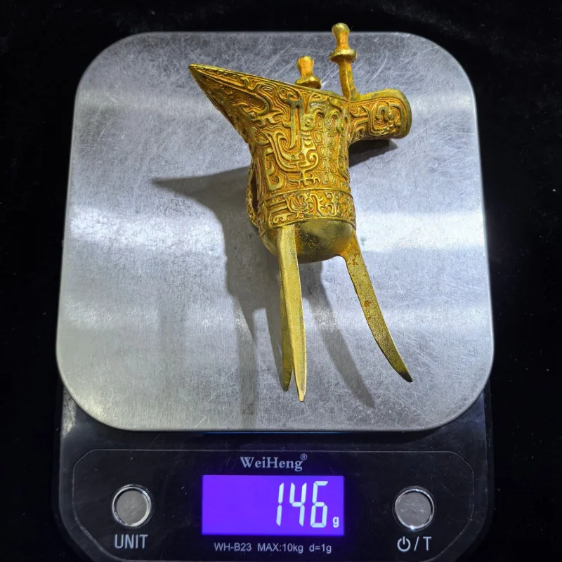 Antique Retro Bronze Gilded Golden Cup Qianlong Ancient Wine Cup Three-Legged Cup Ornament Craft