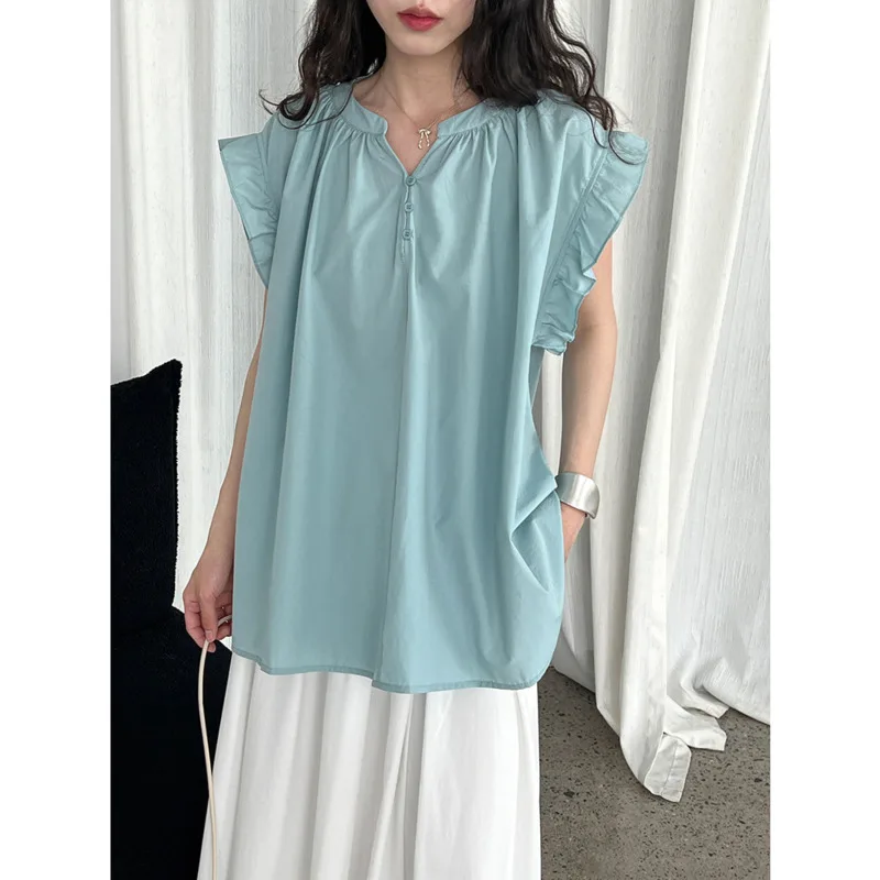 

Korean Ruffles Sleeve Loose Blouse Women Summer New V-neck Button Pleated Short Sleeve Tops