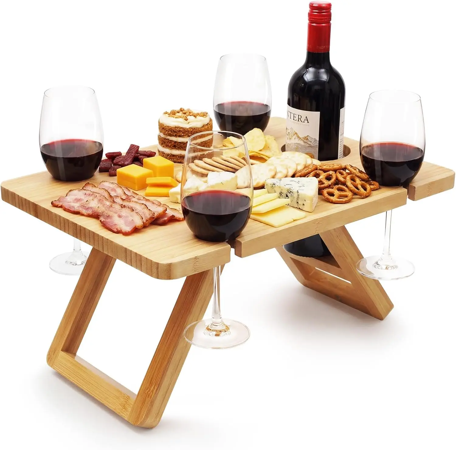 

Bamboo Wine Picnic Table with Bottle Slot and 4 Glass Holders, Foldable Portable for Beach Park Camping