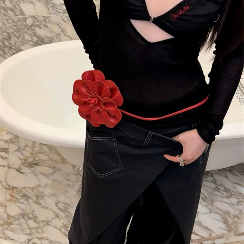 

Casual Knotted Waist Chain For Dresses Lady Thin Waist Belt Boho Flower Waist Belt Handmade Big Flower Leather Rope Waistband