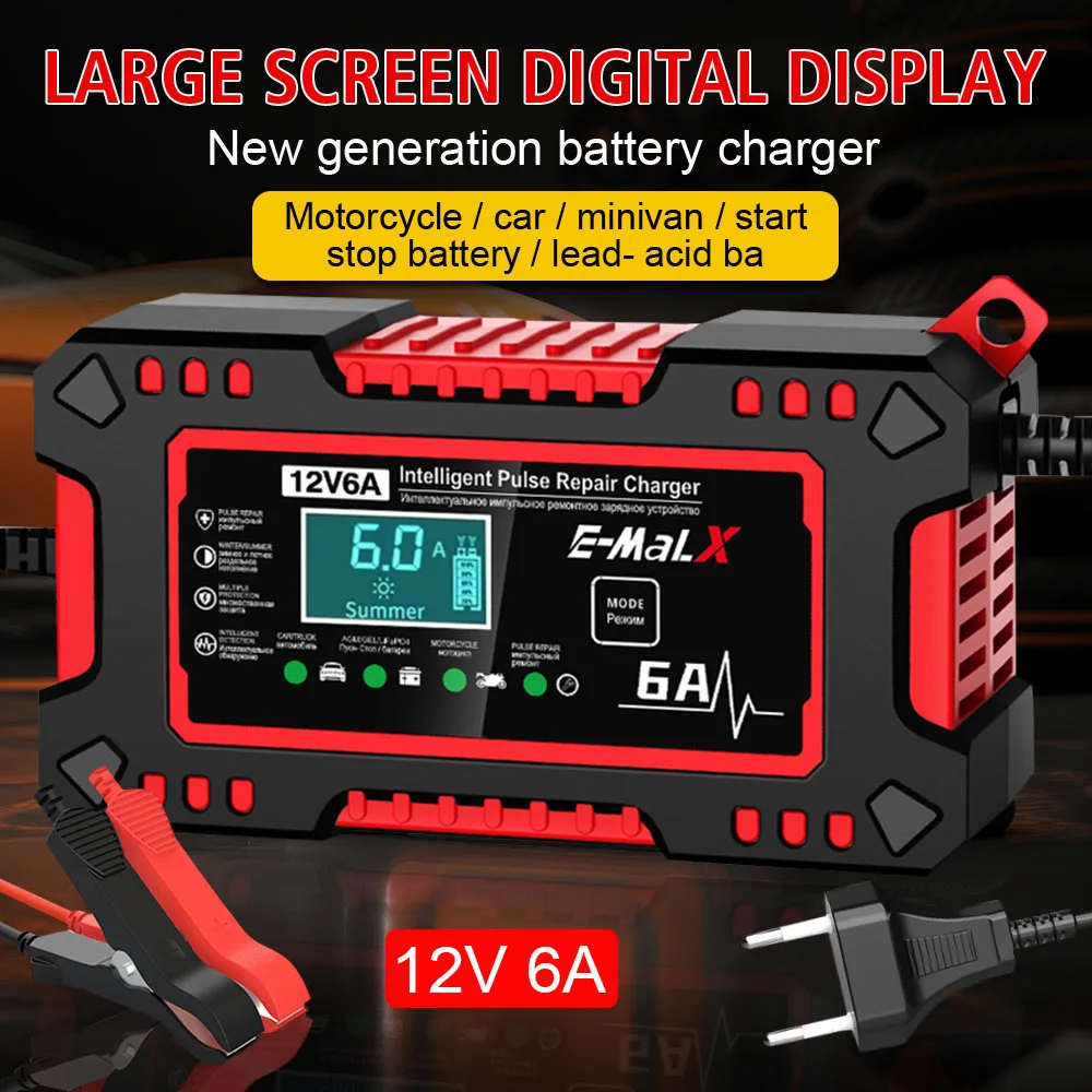 Digital Motorboat Battery Chargers 12V 6A Intelligent Pulse Repair Motorcycle Car Battery Volt Temp Tester Storage Cell Chargers