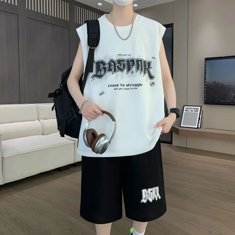 

Men's Summer Sports Set Youth Cool Fit Tank Top Moisture Wicking Basketball Shorts Outdoor Activewear