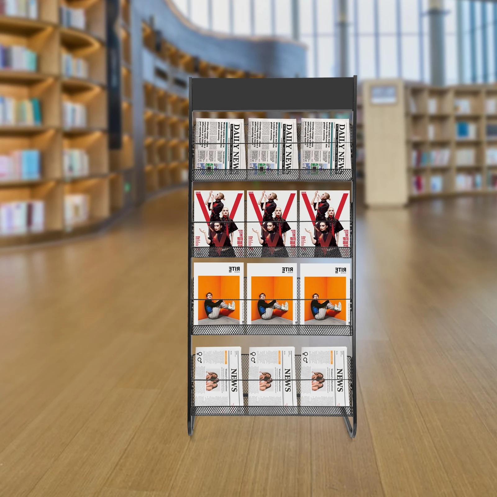 حامل عرض مجلات قائم على الأرض باللون الأسود مكون من 4 طبقات، رف صحف سلكي، للمنزل والمكتب، موفر للمساحة #2