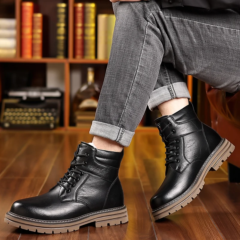 

Men's Winter New Leather High Top Snow Boots Thick Sole Non Slip Waterproof Plush Warm Lace Up Low Heel Work Boots Cotton Boots