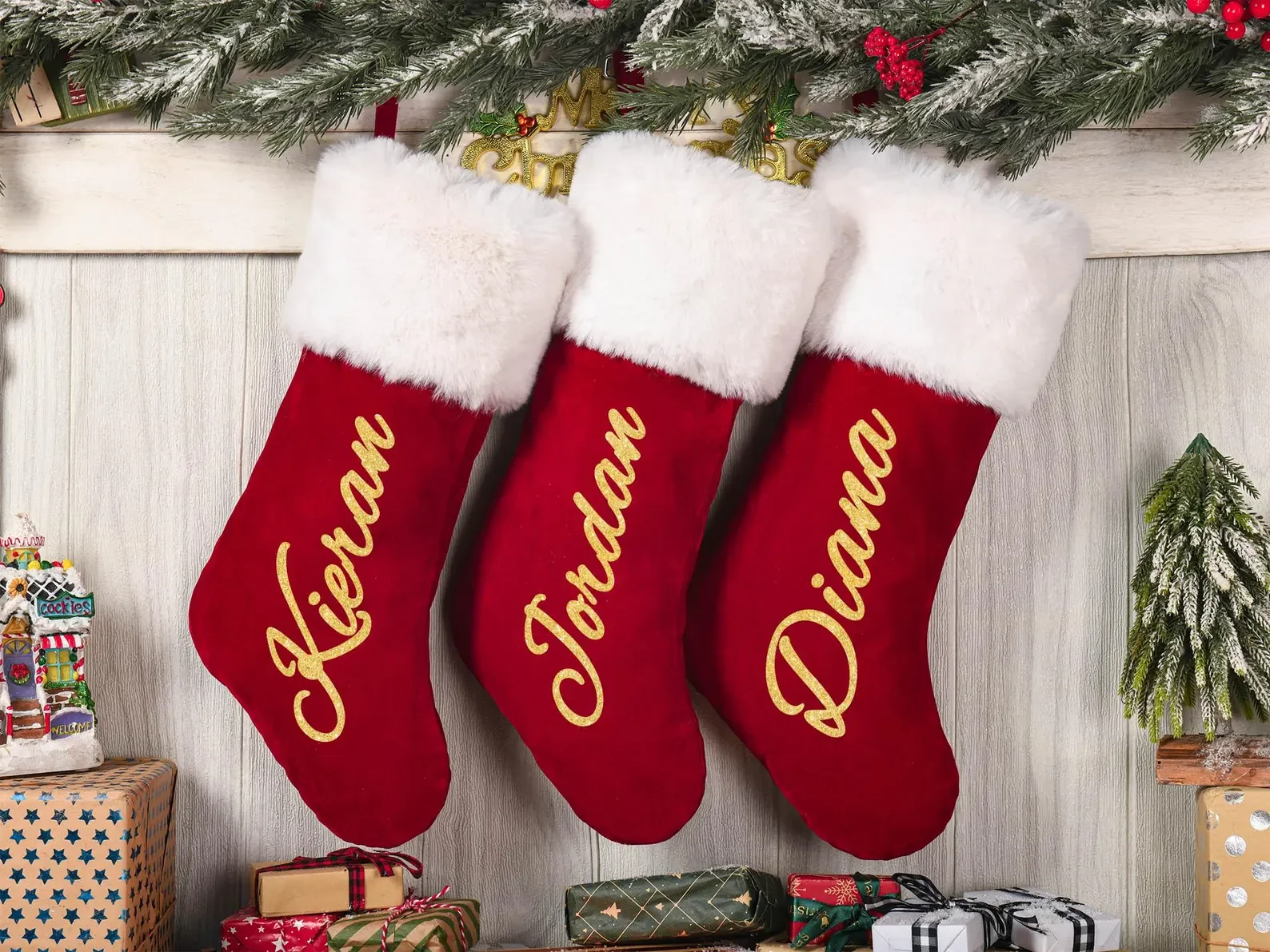 Personalized Red Velvet Christmas Stockings,2024 Xmas Stocking with Name,Custom Red Plush Stocking,Christmas Home Decor