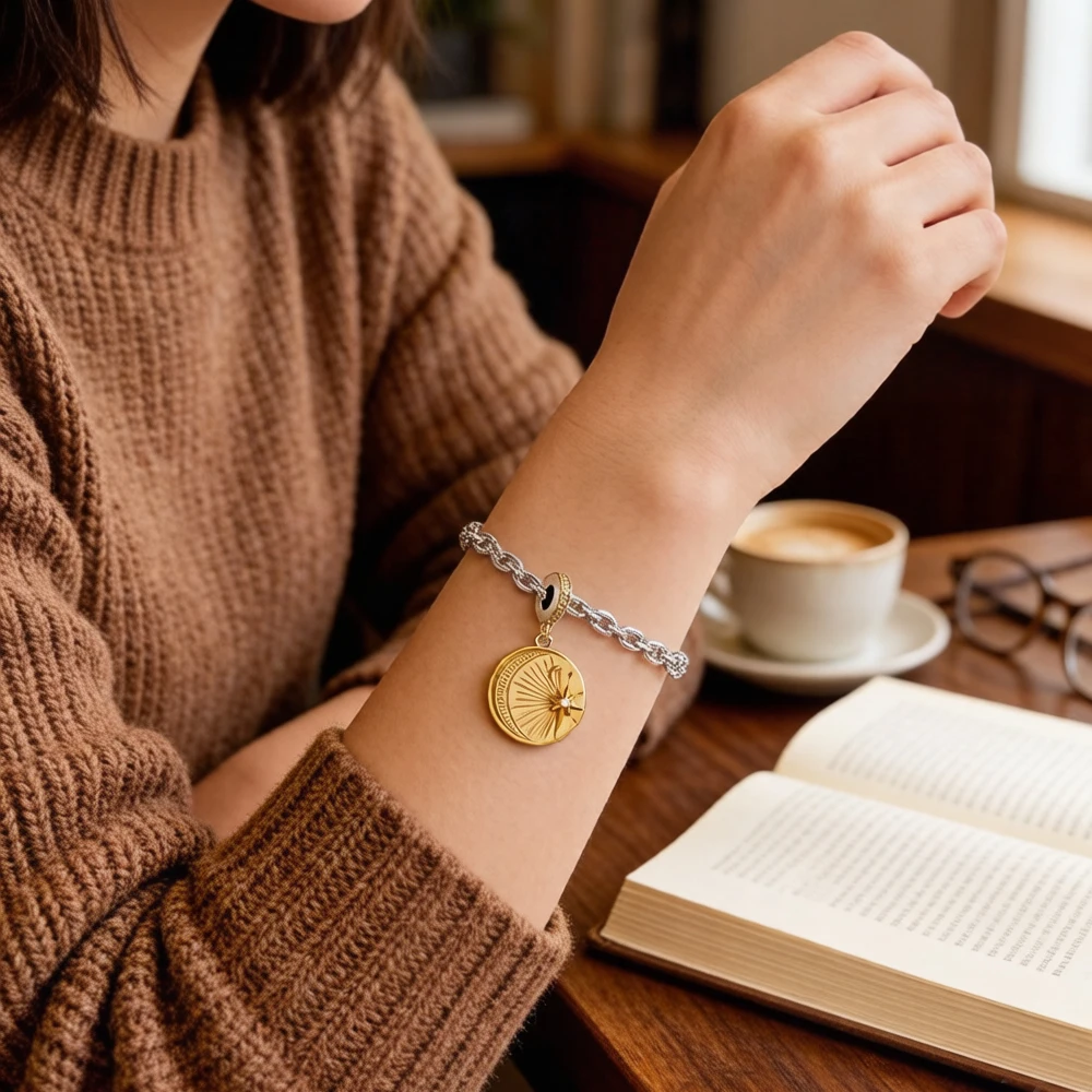 Vintage Moon & Star Charm dla kobiet mężczyzn Trendy 925 srebro biżuteria w kolorze złotym — zdjęcie 4