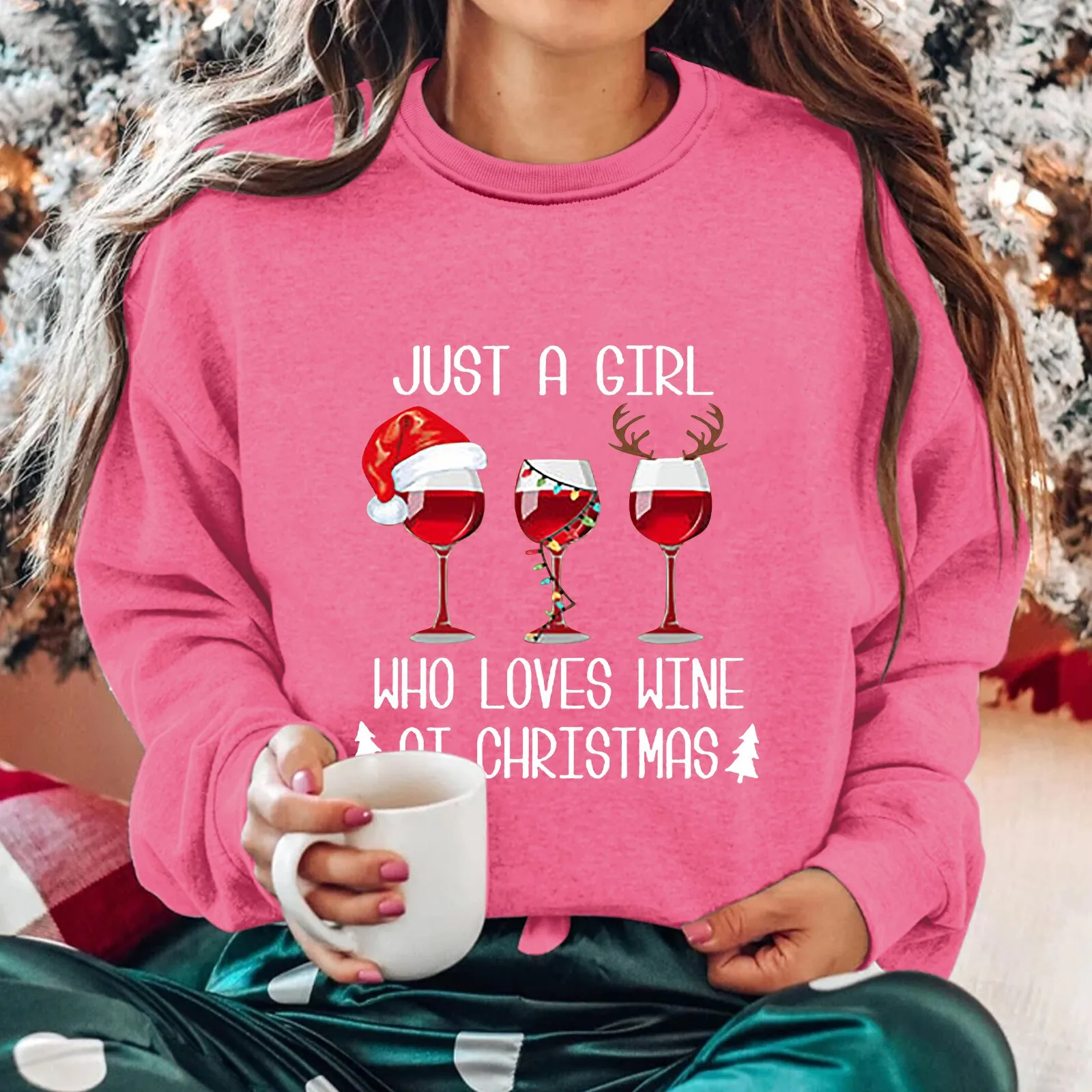 Women's Round Neck Long Sleeved JUST A GIRL WHO LOVES WINE AT CHRISTMAS Juniors Fall Clothes Big And Tall Athletic Fleece Hoodie