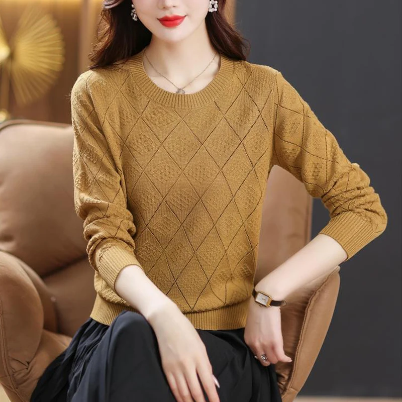 Women Korean Style Simple Casual Hollow Jacquard Knitwear New Spring Autumn Elegant Long Sleeve All Match Knitted Sweater Jumper