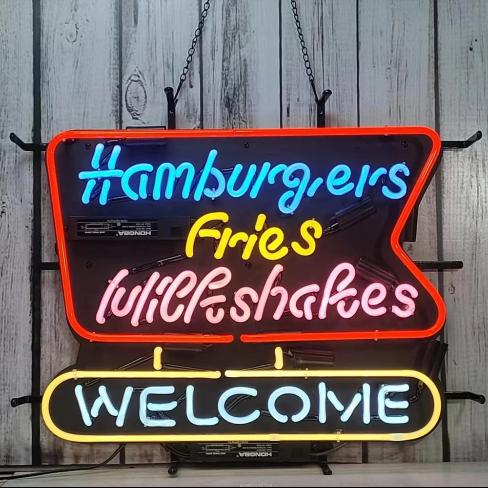 Hamburgers Fries Milkshakes Welcome Neon Sign Light Custom Handmade Real Glass Tube Store Room Decor Advertise Display Lamp