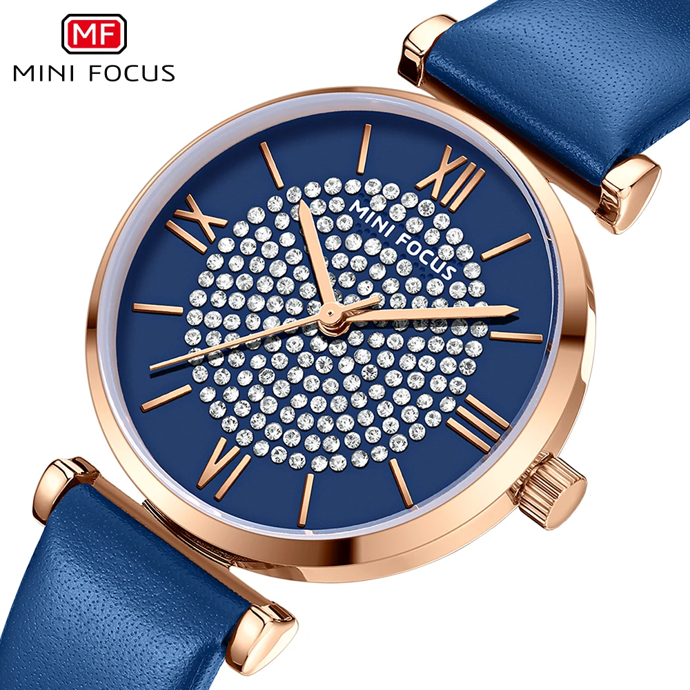 

MINI FOCUS Fashion Diamond Quartz Watch for Women Luxury Brand Business Ladies Watches Blue Leather Strap Classy Wristwatches