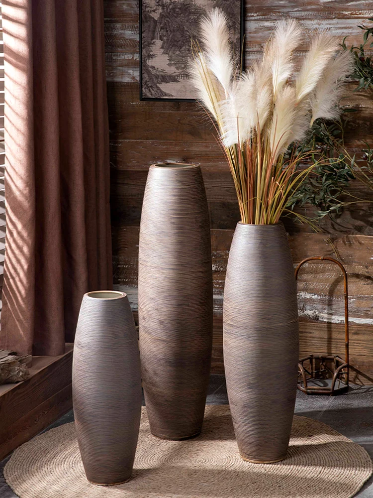 Jingdezhen floor-to-ceiling ceramic vase, retro wabi wind hotel courtyard homestay decoration with dried flowers