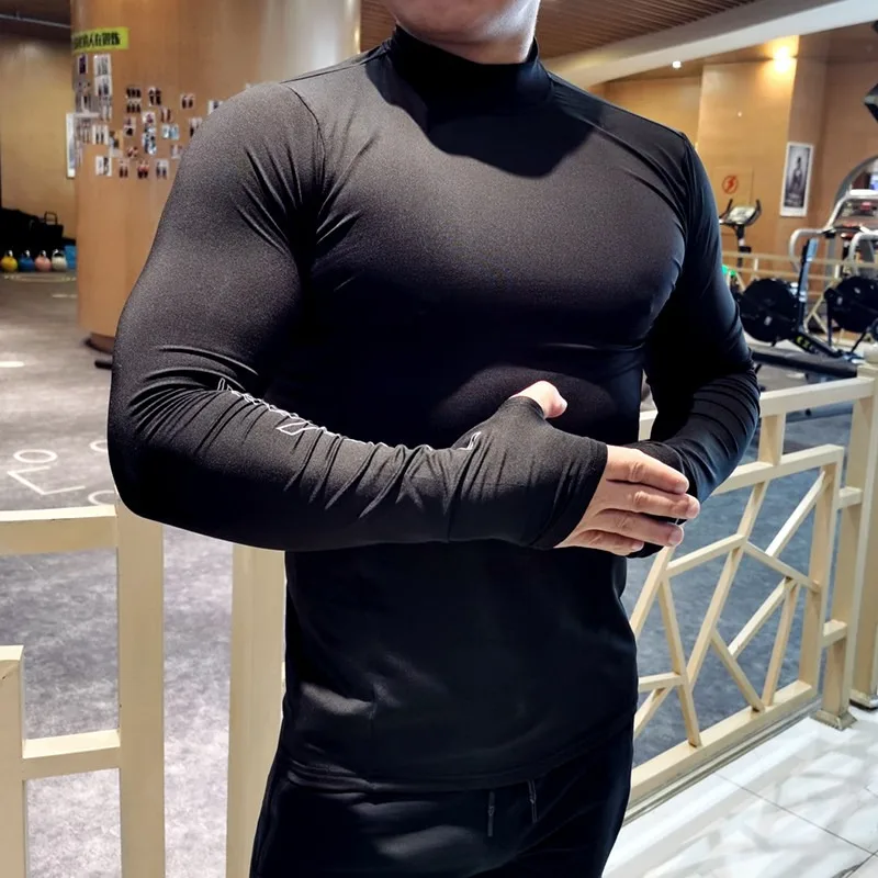 Gym Fitness Clothing Men Quick-drying Long-sleeved High-neck Tight-fitting Shirt Stretch Running Thumb-fastening Training Autumn