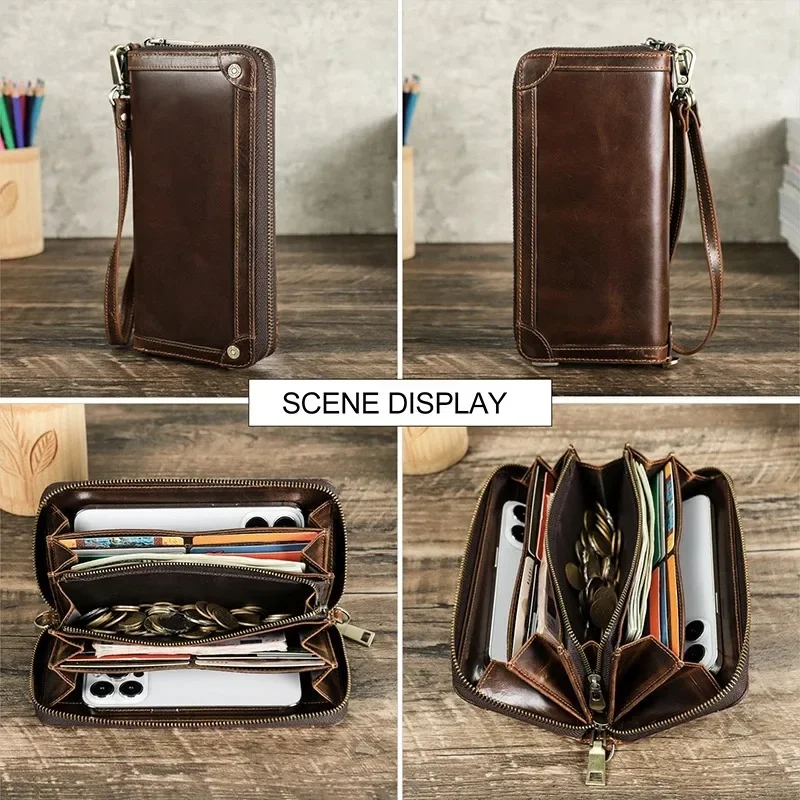 100%Genuine Leather Men Long Wallet Large Capacity Male Clutch Zipper Coin Cellphone Pocket Card Holder Casual Purse