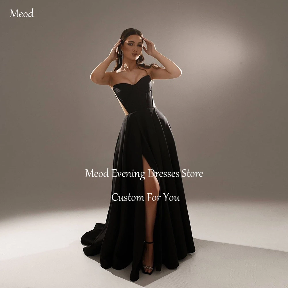 

MEOD Elegant Black A Line Evening Dresses Satin Sleeveless Court Train Prom Gown High Slit Sweetheart Robes De Soirée Customized