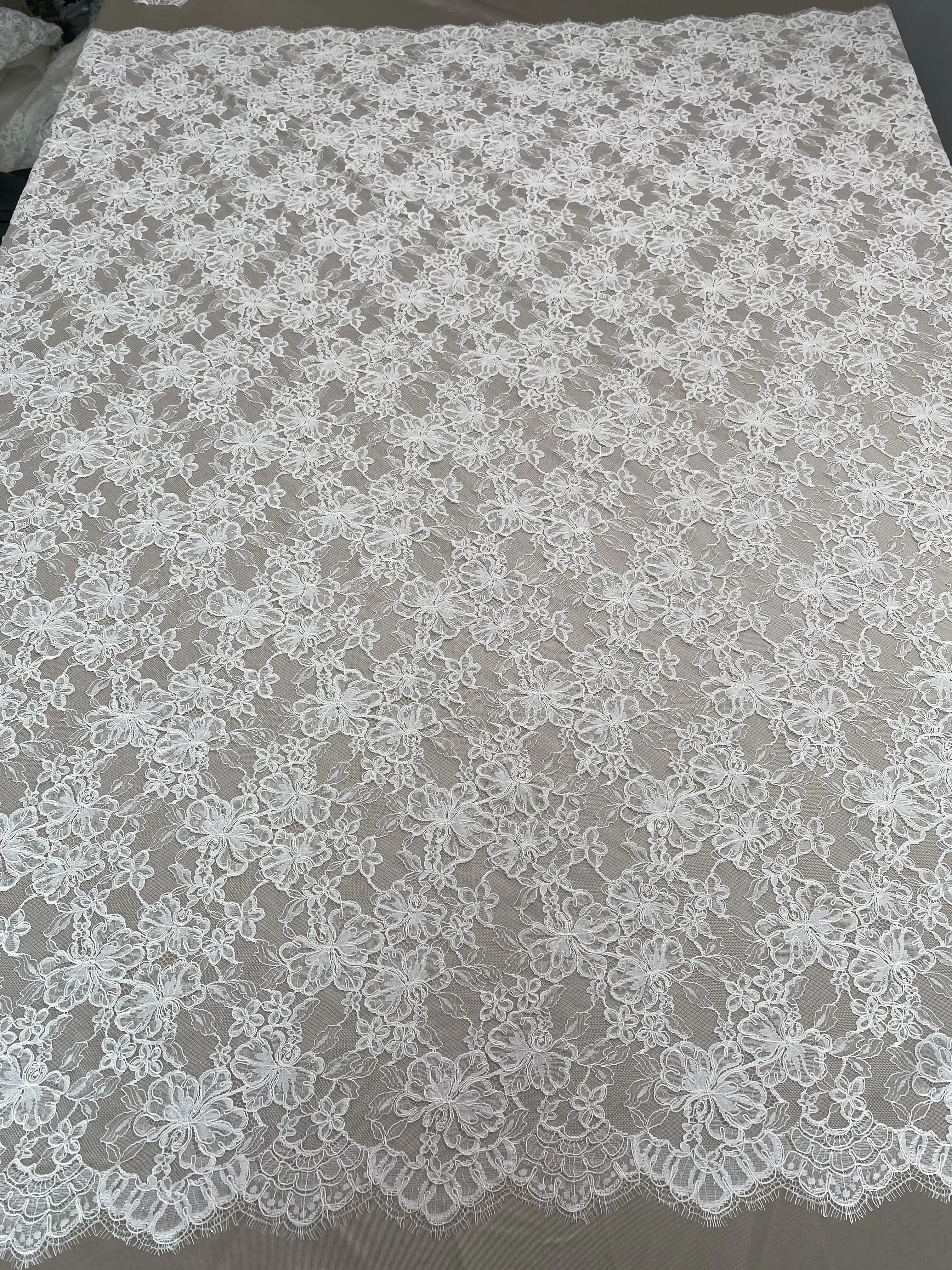 Ivory Chantilly Eyelash Lace Fabric, Bridal Wedding Dress lace with Sequins , 3 Meter Flower Lace Trim for Veil, Dress, Costume,
