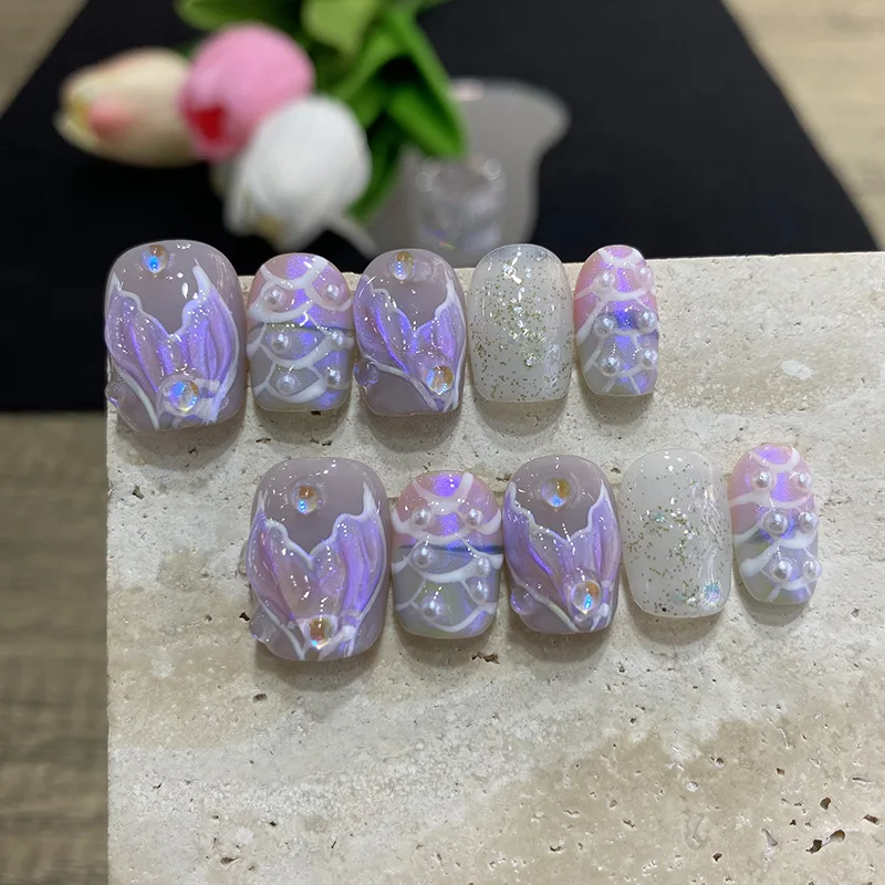 10pcs Butterfly Flower Fake Nails Medium Coffin False Nails Pearl Gradient Press on Nails French Nail Art Sweet Cool Nail Tips view 3
