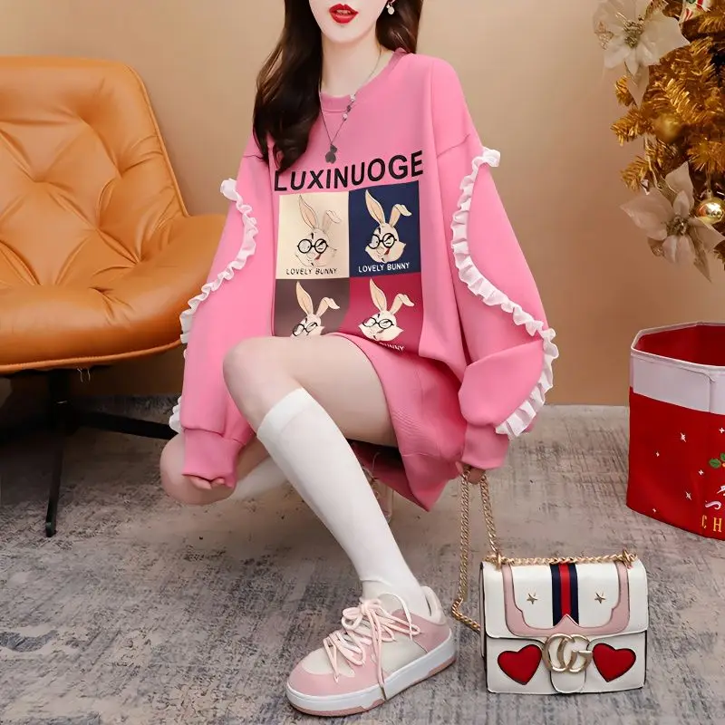 2023 New Spring and Autumn Seasons Cute Age Reducing Round Neck Print Lace Long Sleeve Loose Oversize Design Feel Panel Sweater